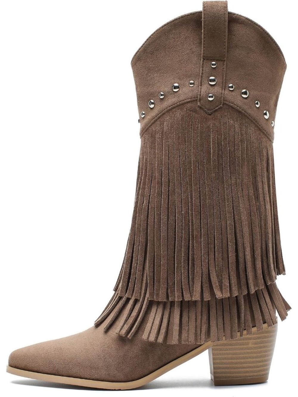 Women's Brown Western Fringe Boots Mid-Calf Cowgirl Boot with Studded Block Heel